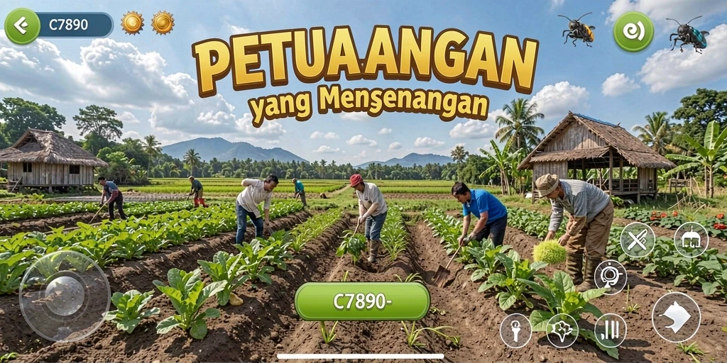Screenshot utama C7890 menampilkan pemain yang sedang bercocok tanam di ladang.