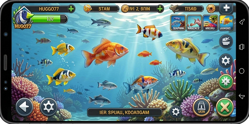 Gameplay menakjubkan HUGO77 dengan berbagai ikan untuk ditangkap.