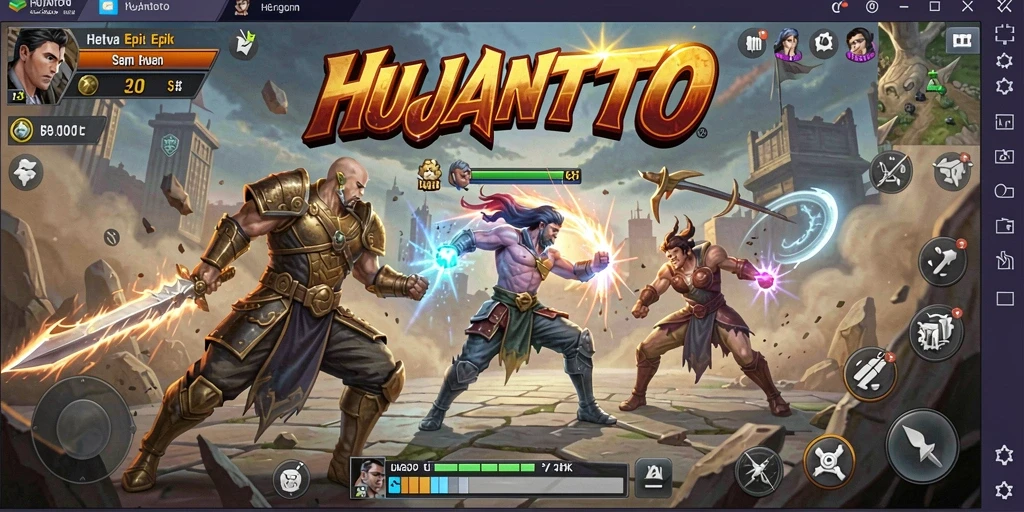 Screenshot gameplay menunjukkan pertarungan epik dalam HUJANTOTO.