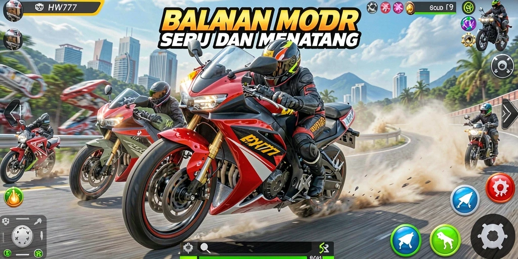 Tampilan screenshot HW777 menampilkan adu kecepatan di trek balapan.