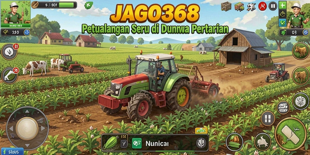 Screenshot gameplay JAGO368 yang menunjukkan ladang pertanian yang subur dan hewan ternak.
