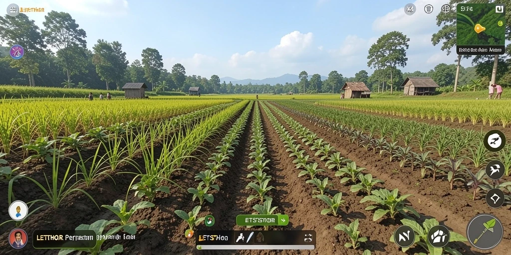 Tangkapan layar gameplay LETSTHOR yang menunjukkan aktivitas bertani yang menarik.