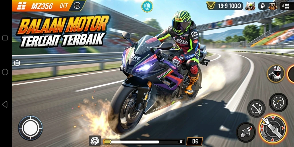 Tampilan gameplay MZ356 dengan balapan motor yang intens.