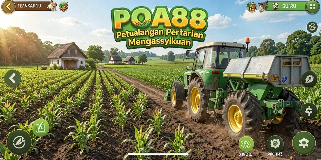 Tangkapan layar gameplay POA88 yang menunjukkan kebun subur dan hasil panen yang melimpah.