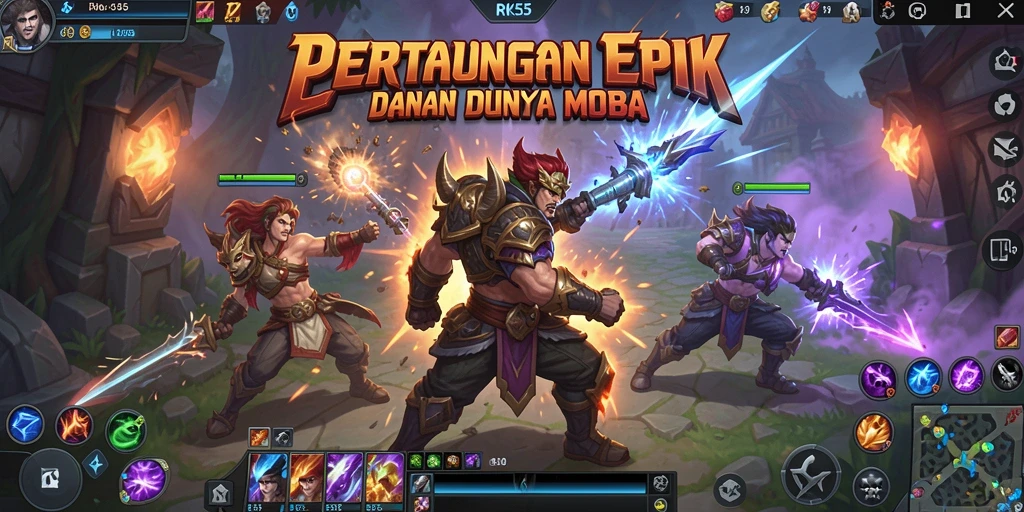 Tampilan gameplay RK55 yang penuh aksi dan strategi MOBA.