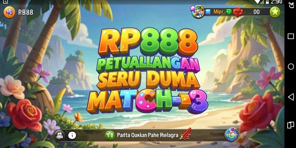 Screenshot utama RP888 menampilkan gameplay Match-3 yang penuh warna.