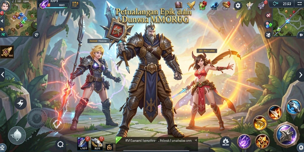 Screenshot gameplay RVIP3 menunjukkan pertempuran epik di dunia fantasi.