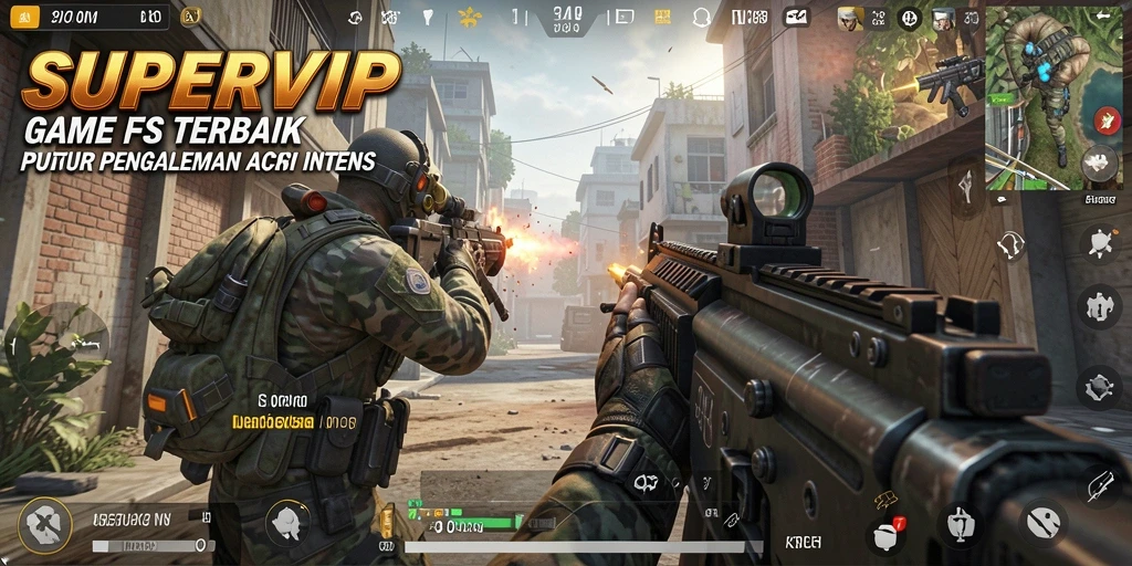 Tampilan gameplay SUPERVIP dengan aksi tembak-menembak yang intens.
