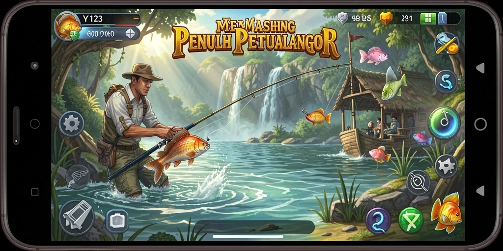 Tampilan permainan YY123 menampilkan momen mendebarkan saat memancing ikan besar.