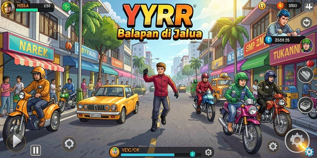 Screenshot gameplay seru dalam balapan YYRR dengan mobil yang cepat.